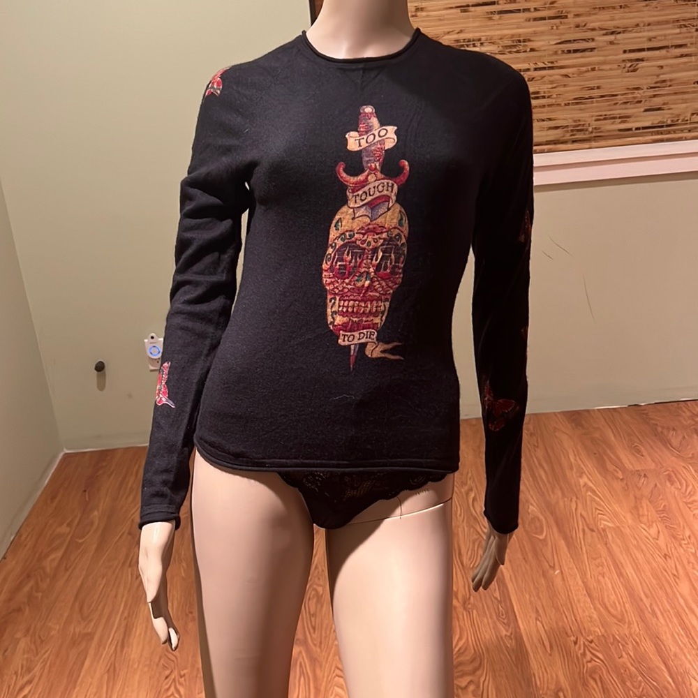 Raw 7 Vintage Black Cashmere Sweater With Skull Graphic Size L
